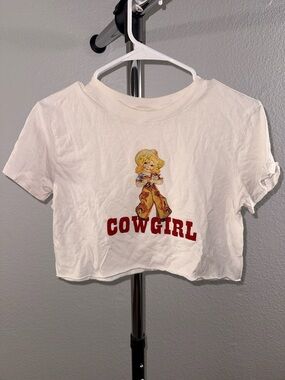 Brandy Melville White Cowgirl Graphic Crop Tee